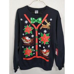 Ugly‎ Christmas Sweater Sweatshirt Black Poinsettia Bow Tie Size Large NWT